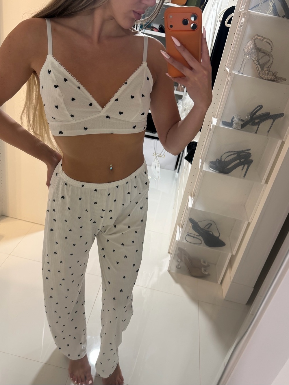 White Heart-Print Pajama Set - Bralette & Pants